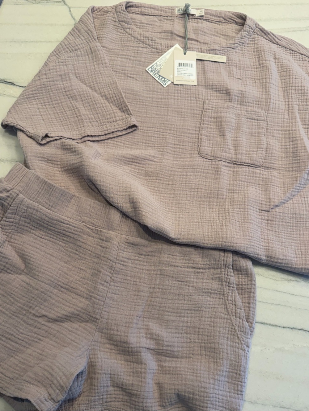 Barefoot Dreams Mauve 100% Cotton Crinkle Tee & Short Set-NWT